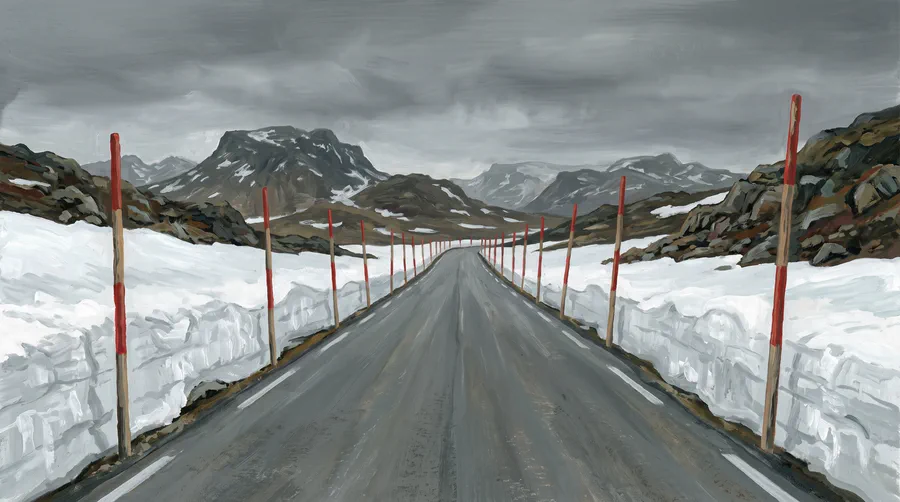 Illustration of an empty snow-banked road across a bare high plateau, tall marker poles along both edges under grey light