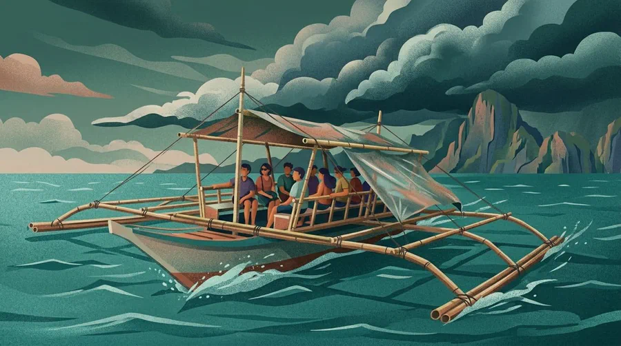 Illustrazione di una barca a doppio bilanciere che attraversa il mare aperto sotto una tempesta in arrivo, falesie all'orizzonte