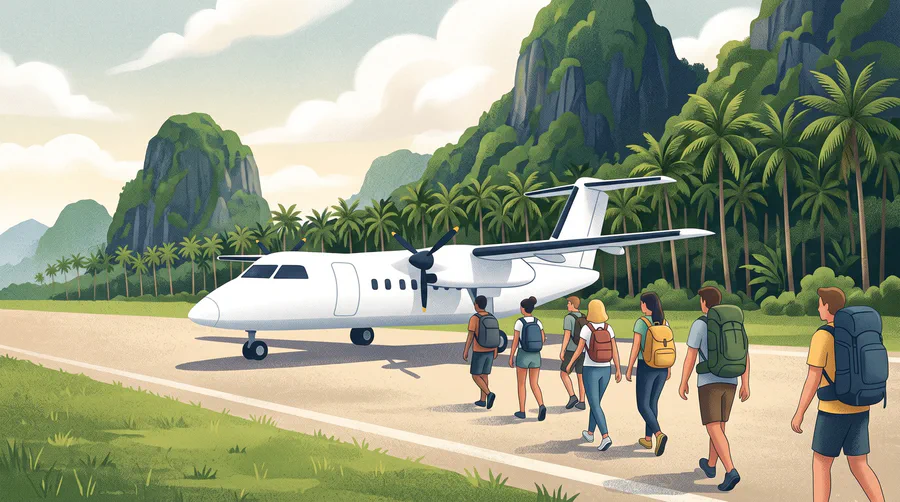 Illustrazione di viaggiatori con zaini che camminano verso un piccolo aereo a elica su una pista orlata di palme