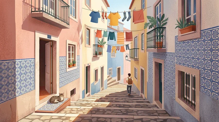 Illustration of a narrow stepped alley of pastel houses with blue tile panels and laundry overhead