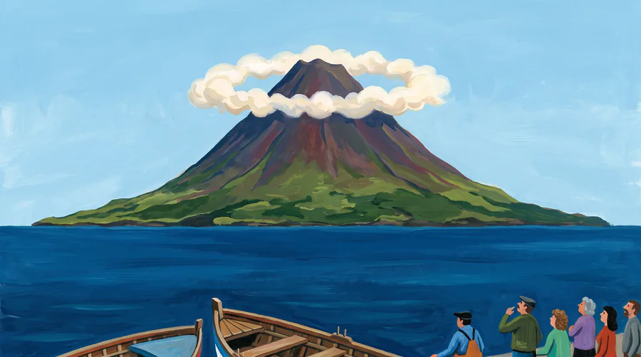 Illustration of a volcanic cone rising from the ocean across a channel, seen from a small boat