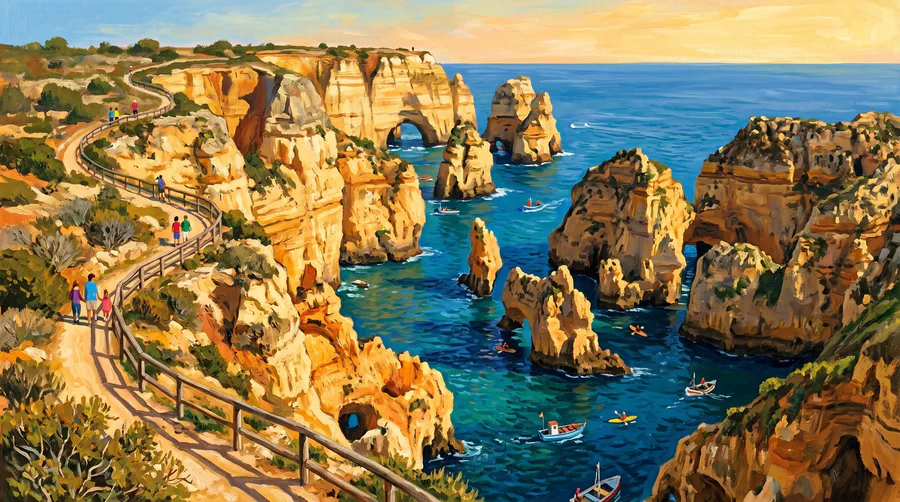 Illustration of a footpath along golden sandstone sea cliffs with eroded stacks and arches in blue water