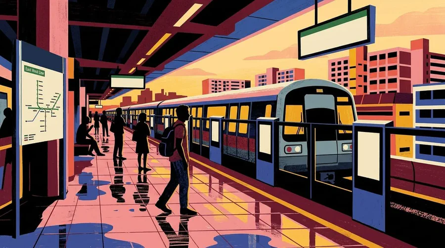 Illustration of commuters on an elevated metro platform as a train arrives at sunset