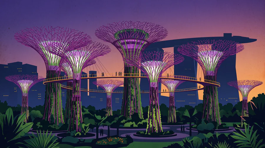 Illustration of tree-shaped garden towers lit at dusk with a walkway between them