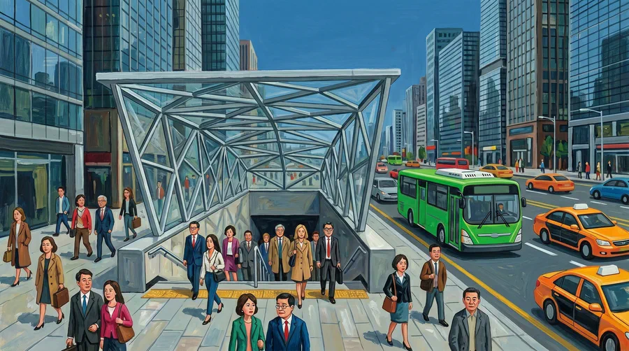 Illustration of commuters climbing from an underground station onto a wide multi-lane boulevard lined with glass towers