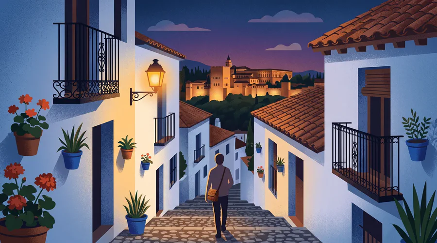 Illustration of a whitewashed lane at dusk with a lit palace on the hill across the valley