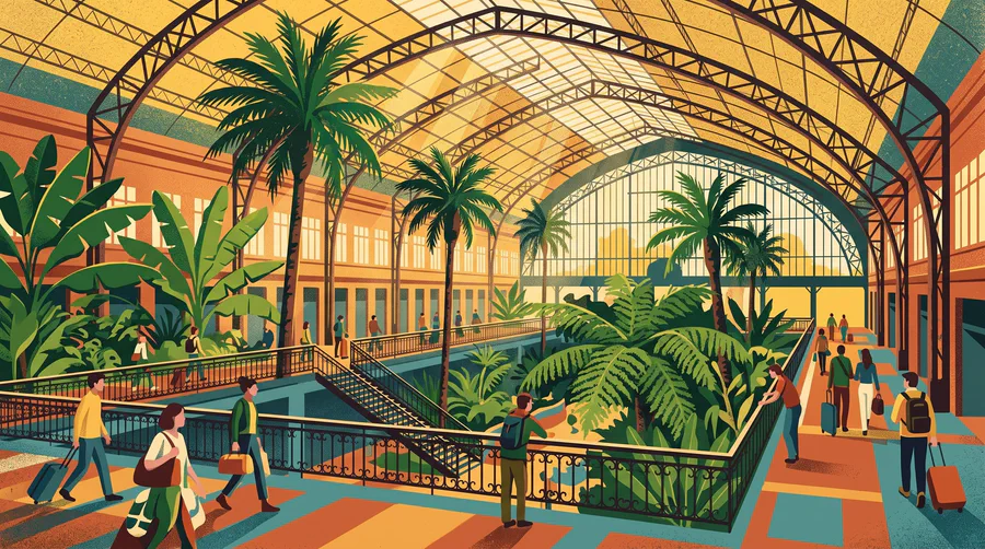 Illustration of palm trees under the iron and glass roof of a station concourse