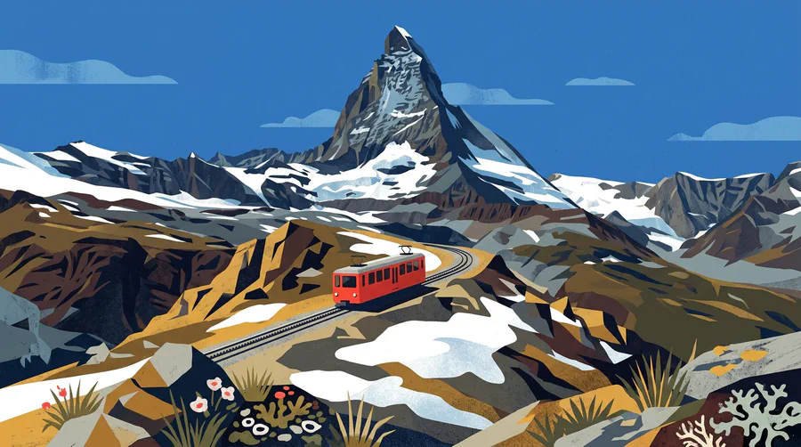 Illustration of a red cog railway car climbing a ridge below a crooked mountain peak