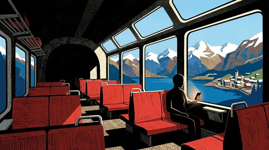 Illustration of a train carriage interior half swallowed by tunnel darkness, mountains in the windows