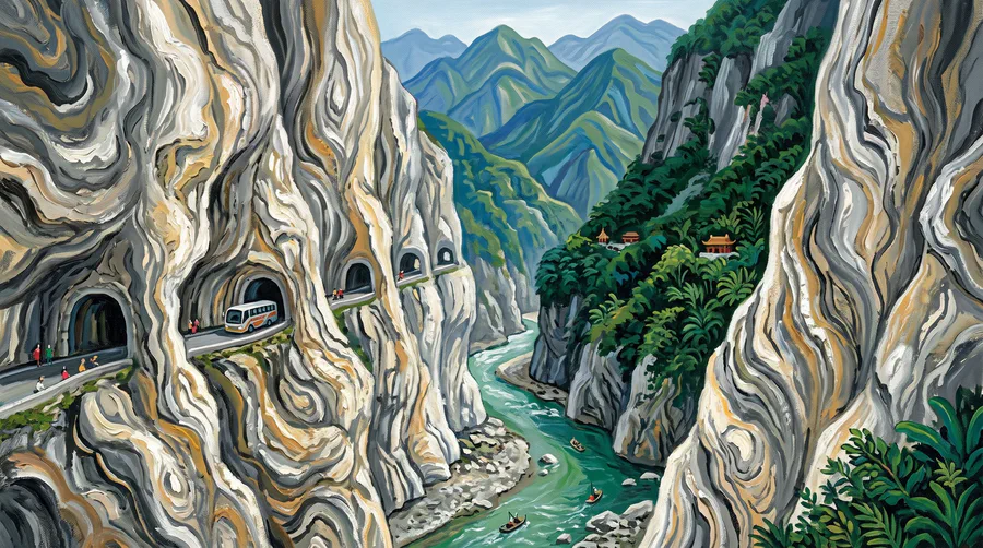 Illustration of a road cut as a ledge into a pale marble canyon wall, tunnel mouths through the rock, a green river far below