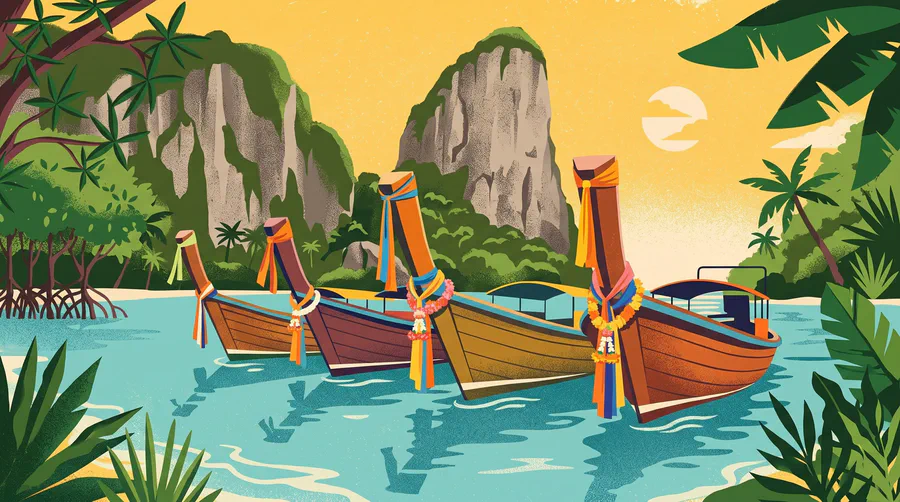 Illustration of longtail boats with ribboned prows in shallow water below limestone cliffs