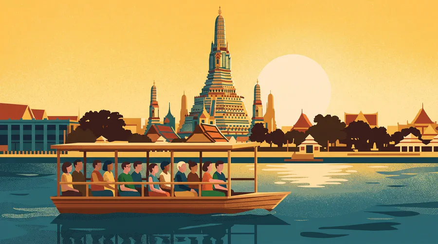 Illustration of a river ferry crossing toward a tall ornate temple spire at golden hour