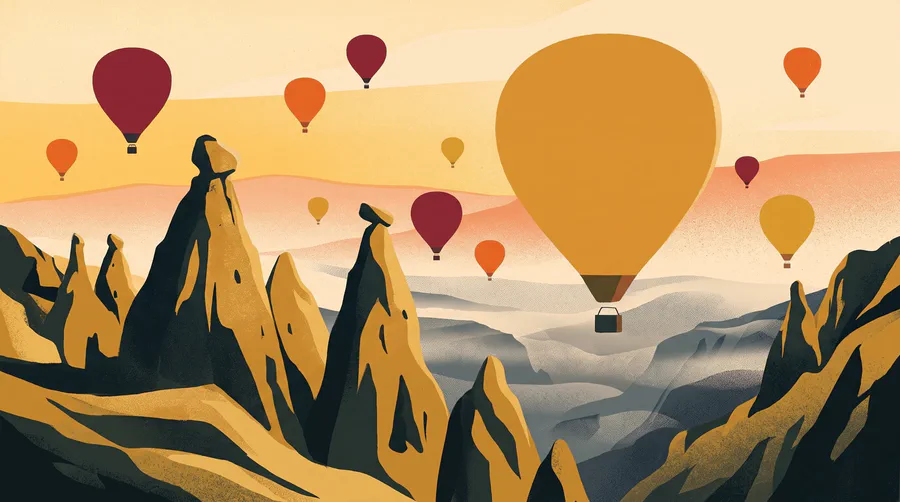Illustration of hot air balloons drifting over rock spires at dawn