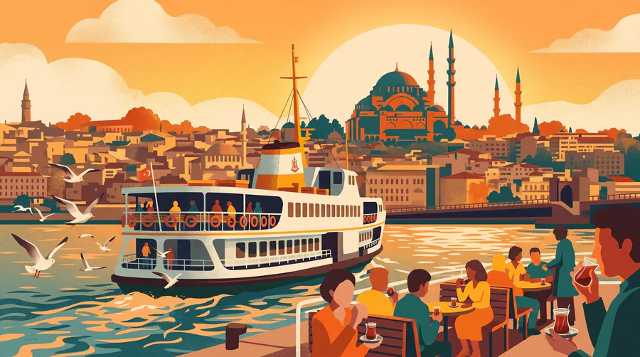 Illustration of a white ferry leaving a pier with gulls and mosque domes on the skyline
