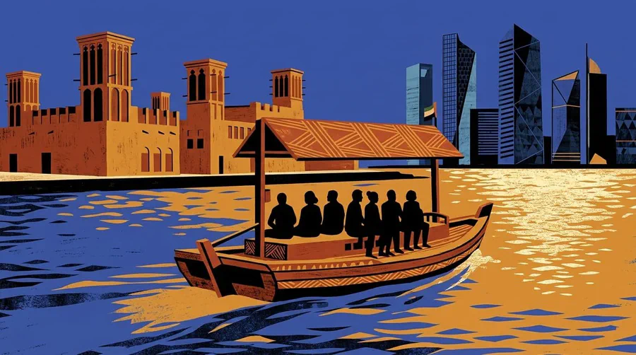 Illustration of a wooden water taxi crossing a creek between old wind towers and glass towers
