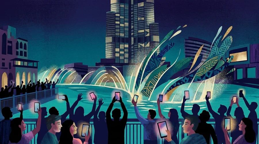 Illustration of a night crowd with raised glowing phones before an illuminated fountain and a tall tower
