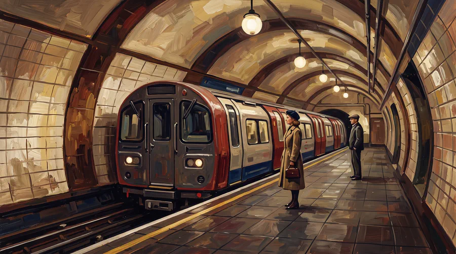 Illustration of a deep underground platform in a round tiled tunnel, a train at the platform edge