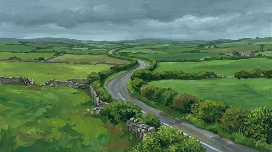 Illustration of an ordinary country road curving between hedgerows and green fields under a grey sky, with no barrier or marker