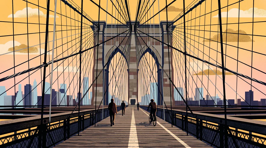 Illustration of a wooden bridge walkway with pedestrians under stone arches and steel cables