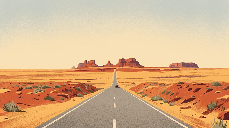 Illustration of a straight desert highway leading toward red sandstone buttes