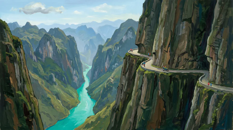 Illustration of a narrow road carved into a sheer limestone cliff, a turquoise river in the gorge far below