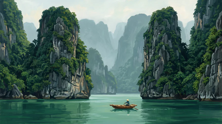 Illustration of forested limestone towers rising straight out of calm green water, a small wooden boat between them