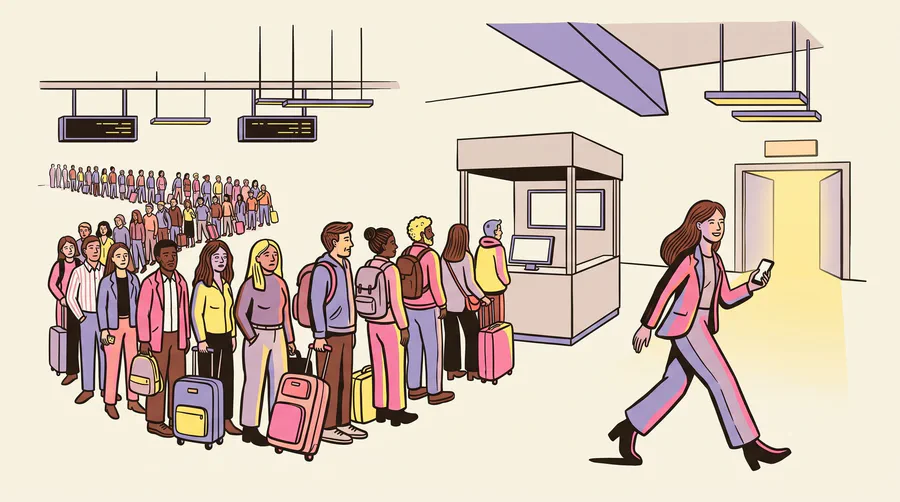 Illustration of a long queue at a small SIM kiosk while one traveller walks past with a phone in hand