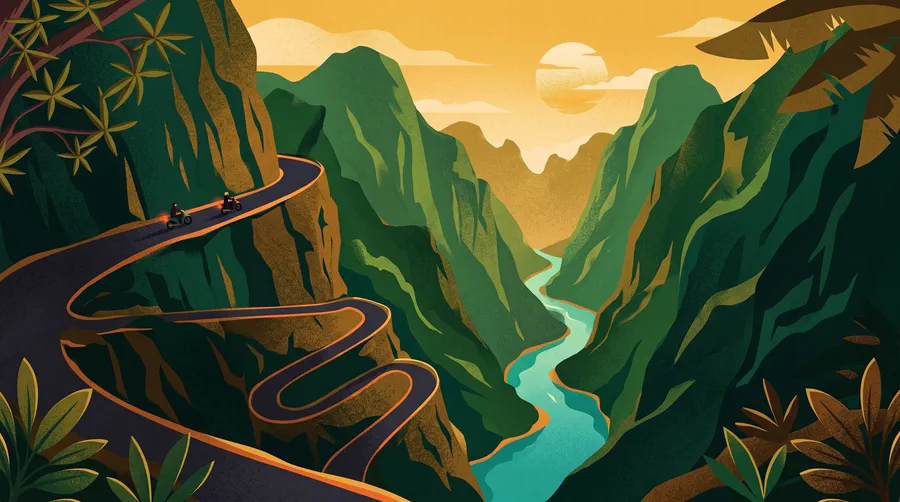 Ilustración de una carretera de montaña en zigzag sobre un desfiladero de río turquesa, con dos motos en el asfalto