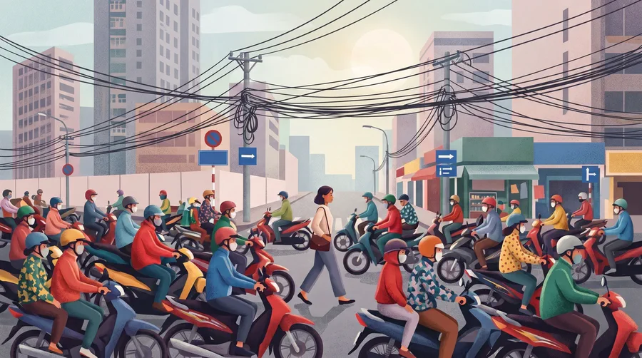Illustrazione di una marea di moto che riempie un incrocio sotto cavi aggrovigliati, una pedone attraversa con calma