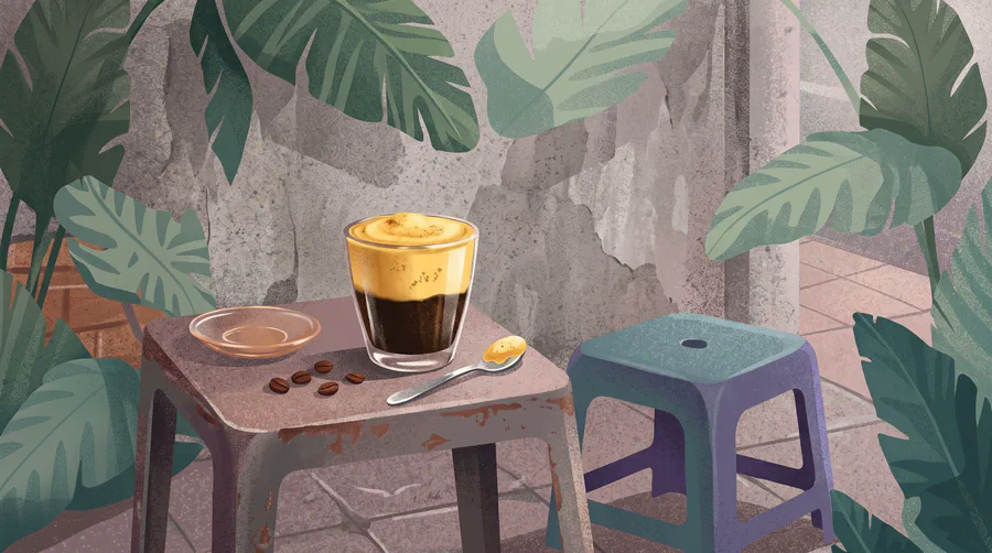 Illustrazione di un bicchiere di caffè all'uovo di Hanoi, densa schiuma dorata sul caffè scuro, su un tavolino di metallo