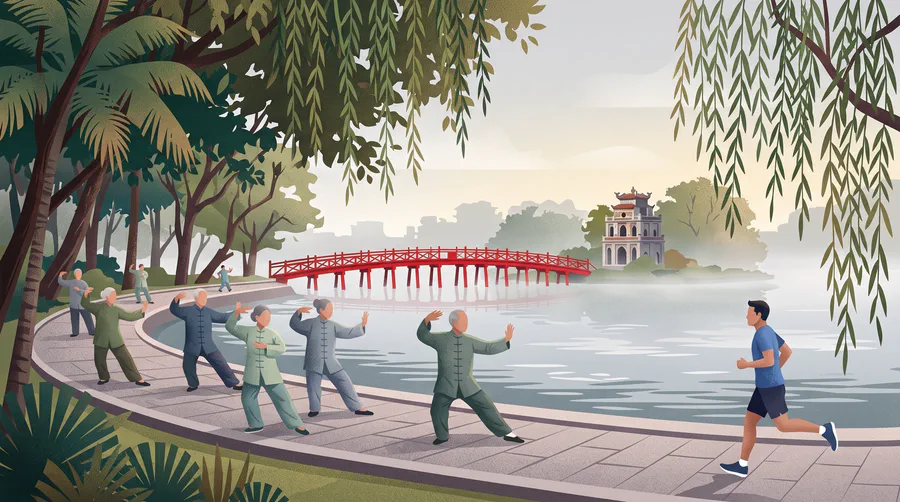 Illustrazione di tai chi sul lungolago al mattino, con un ponte di legno rosso e una torre sull'isola dietro