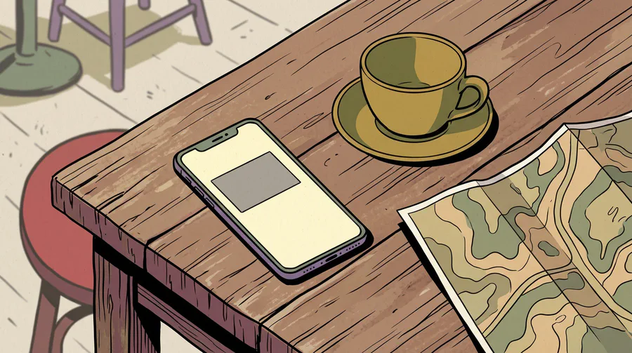 Illustration of a phone on a cafe table beside a cup and a folded paper map, a plain shaded rectangle marking an area on its screen