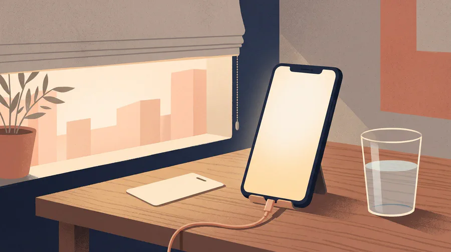 Illustration of a phone propped on a hotel desk on a charging cable, screen a plain glow, a blank key card and a glass of water beside it