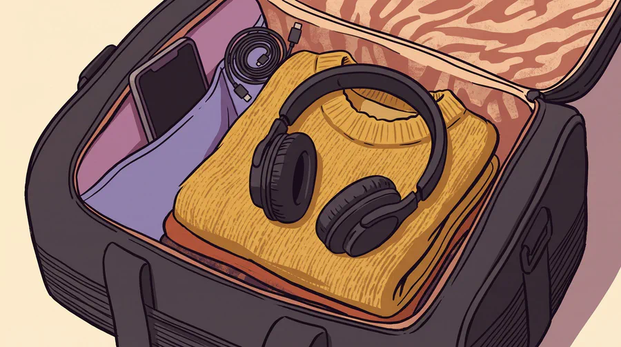 Illustrazione di cuffie over-ear appoggiate su un maglione piegato dentro un trolley aperto, un telefono nella tasca laterale con lo schermo spento