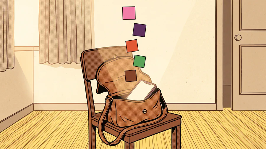 Illustrazione di un telefono acceso dentro una borsa a tracolla aperta su una sedia, piccoli quadrati colorati che arrivano in colonna sopra di esso
