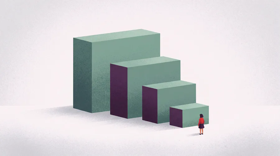 Illustration of four blocks of increasing size on a plain ground, a small figure standing beside the smallest for scale
