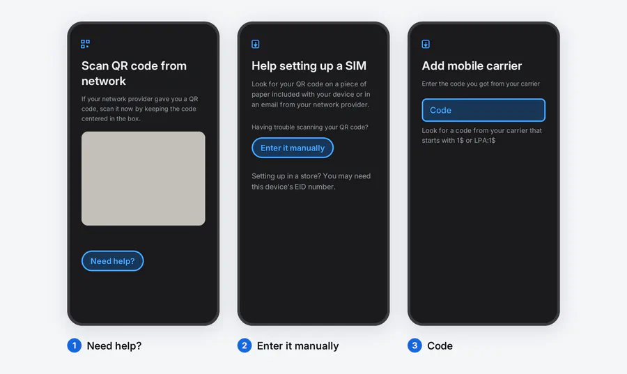 Three Android screens showing the QR scanner, the help screen and the Add mobile carrier code field