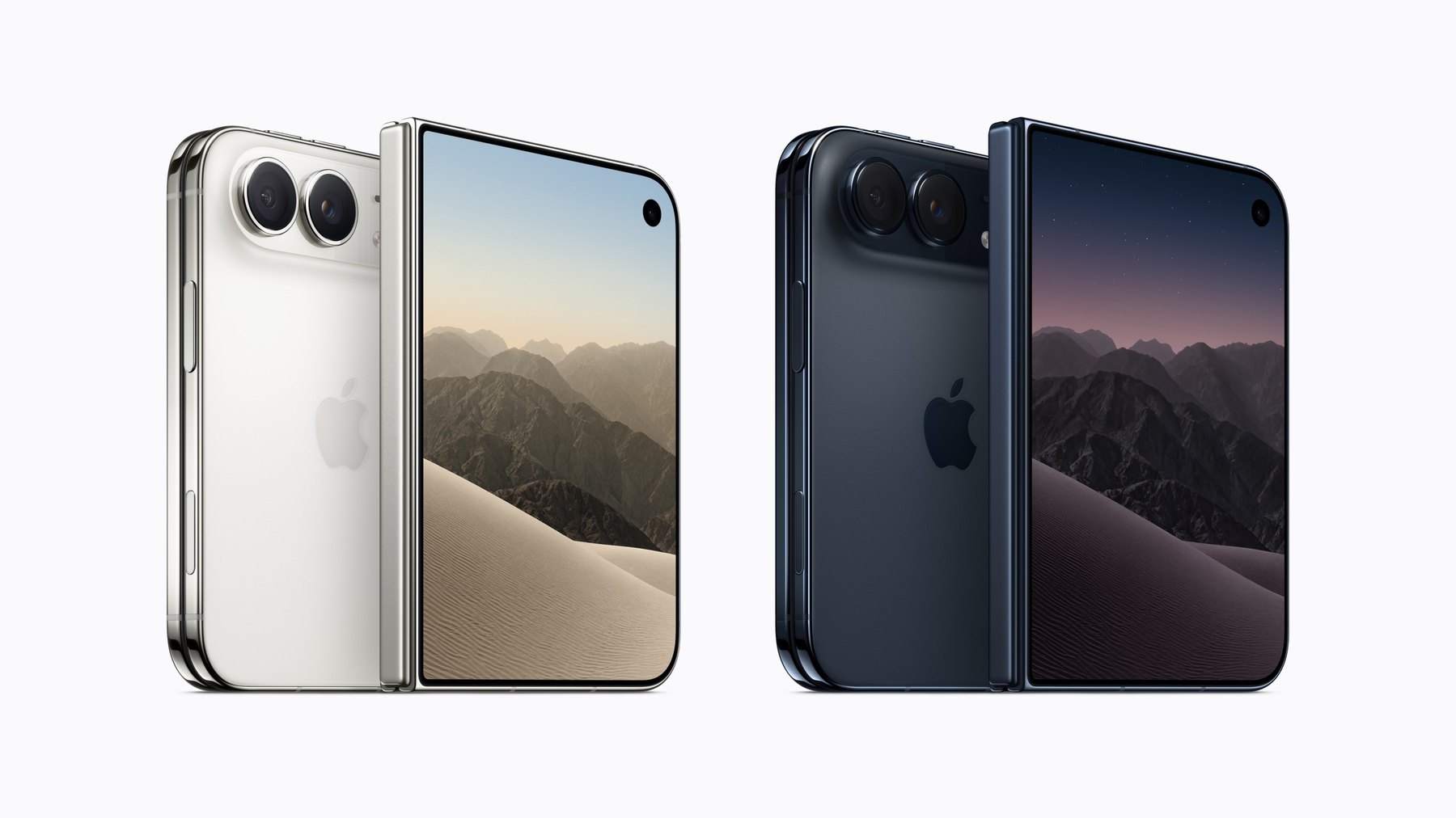 Two iPhone Duo handsets shown folded and open, one white and one dark blue