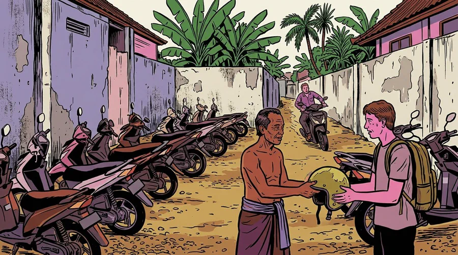Illustration of a rental agent handing a helmet to a traveller in a yard full of scooters