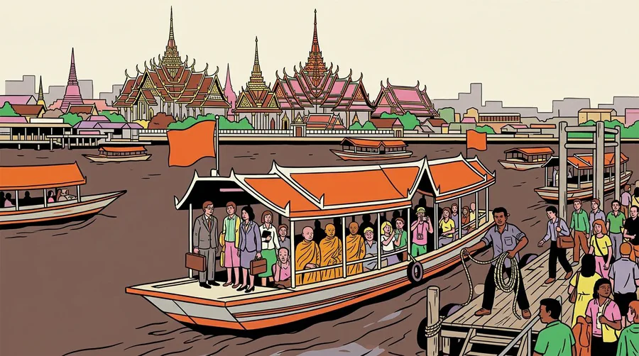 Illustration of an orange-flag express boat on the river, with temple roofs on the skyline