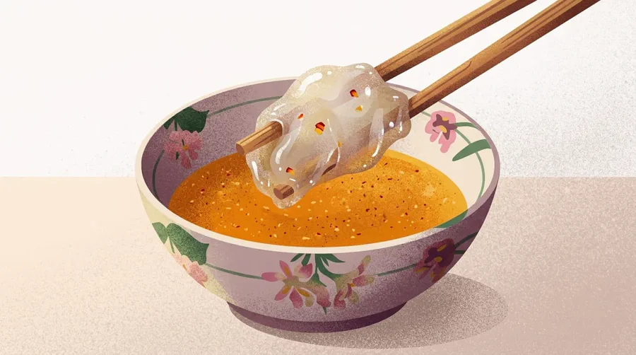 Illustrazione di amido di sago avvolto su una forchetta di bambù e intinto in una ciotola di salsa gialla acidula