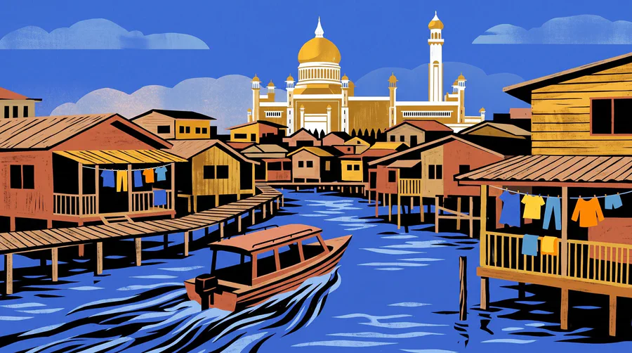 Illustrazione di un taxi d'acqua verso case su palafitte sul fiume, con una cupola dorata di moschea oltre i tetti