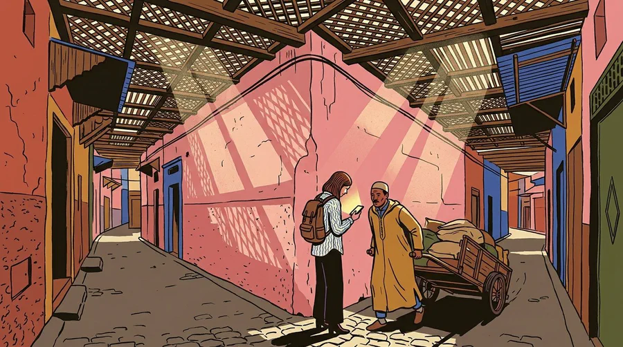 Illustration of a traveller checking a phone at a fork in a covered medina alley as a handcart passes