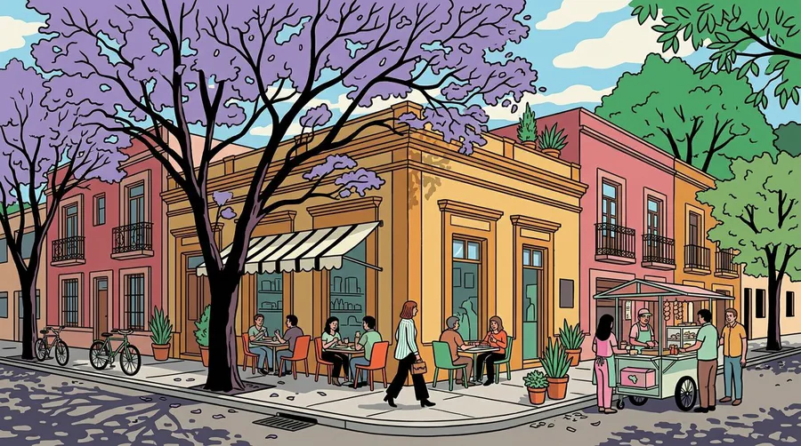 Illustration of a leafy street corner with a sidewalk cafe and a food cart under jacaranda trees