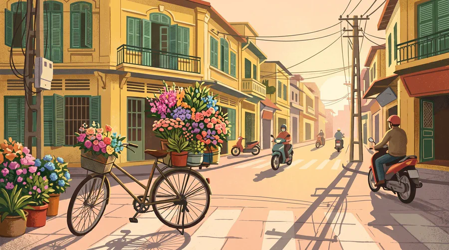 Illustration of a flower seller's bicycle at a corner of yellow shophouses, motorbikes passing in morning light