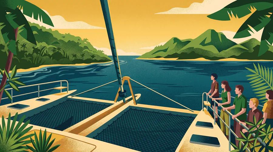 Illustration of a catamaran bow deck mid-crossing, passengers at the rail, one island astern and another ahead