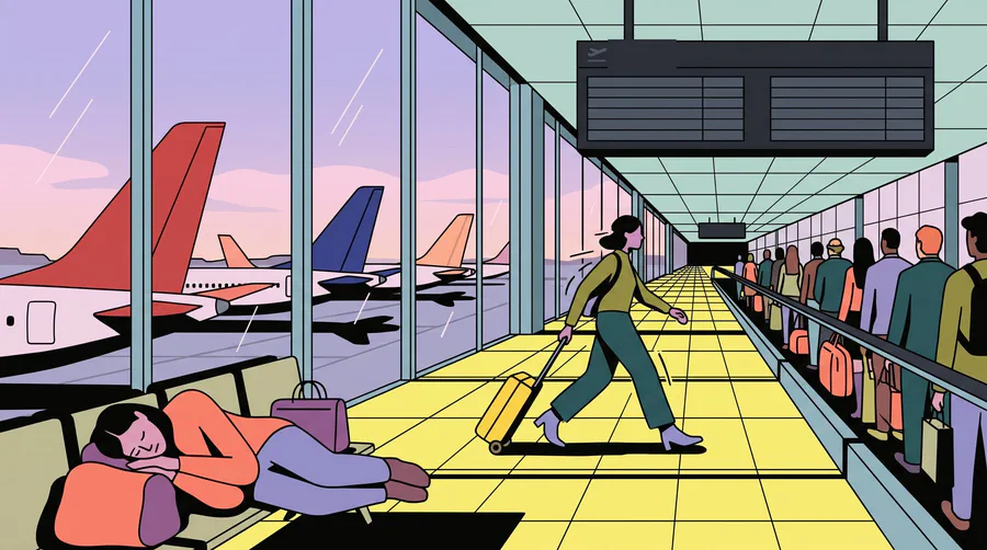 Illustration of an airport transfer corridor with a moving walkway, a sleeping passenger and plane tails outside