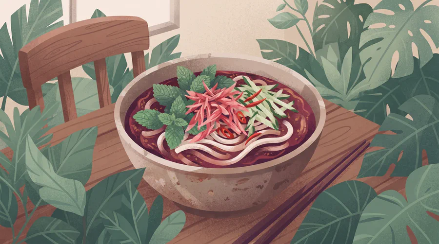 Illustrazione di una ciotola di asam laksa con menta, zenzero torcia e cetriolo
