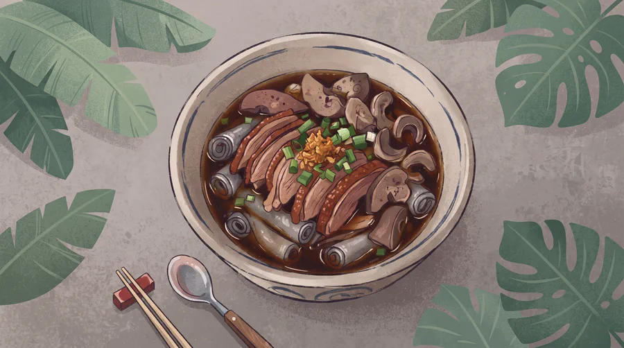 Illustrazione di koay chiap d'anatra, fettine d'anatra e rotolini di riso in brodo scuro