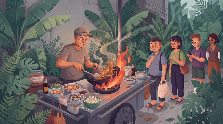 Illustrazione di un cuoco che salta il char koay teow in un wok a carbone fiammeggiante davanti alla fila